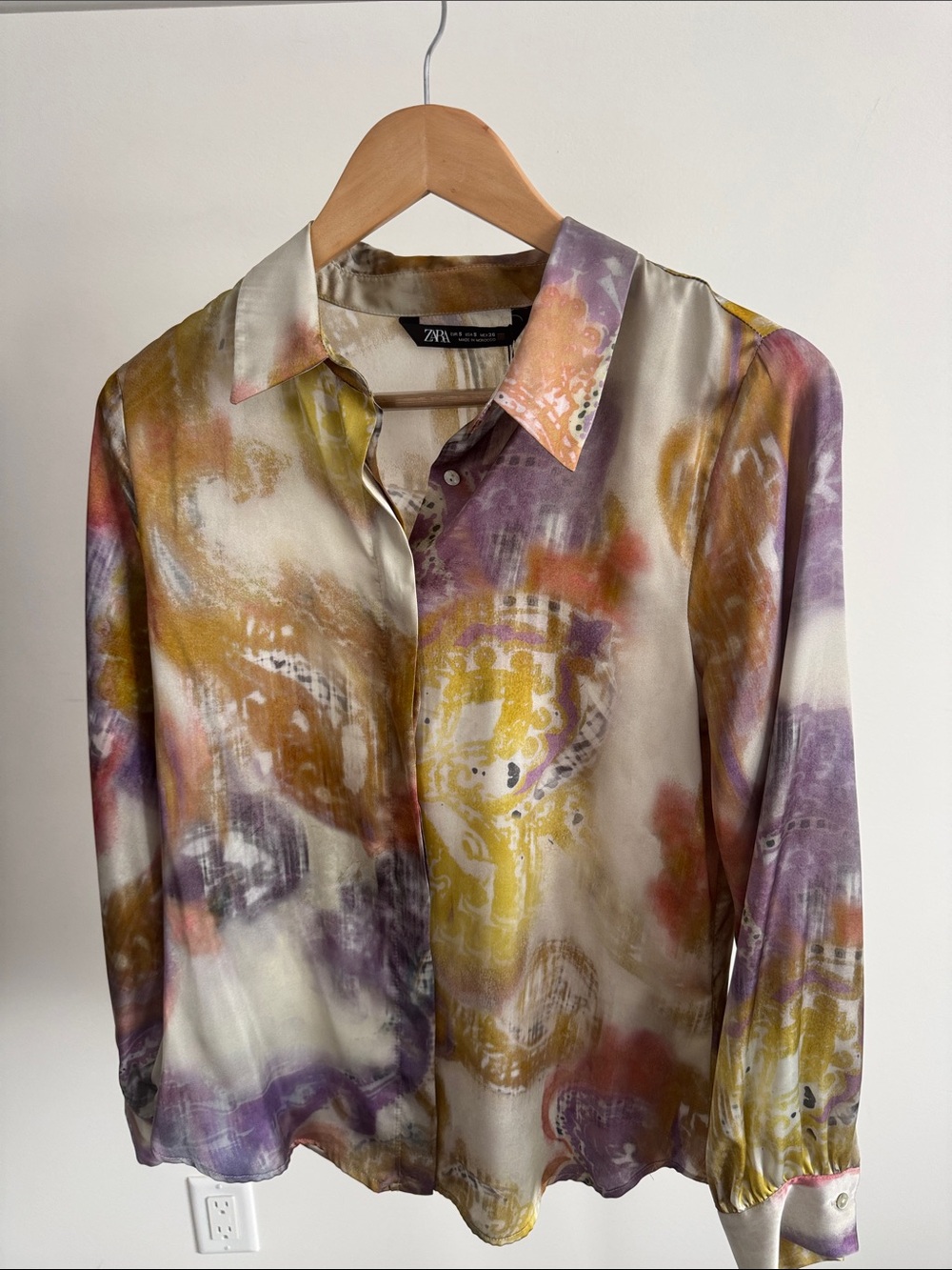 Zara Multicolor Satin Button-Down Shirt in Purple, Yellow, Cream